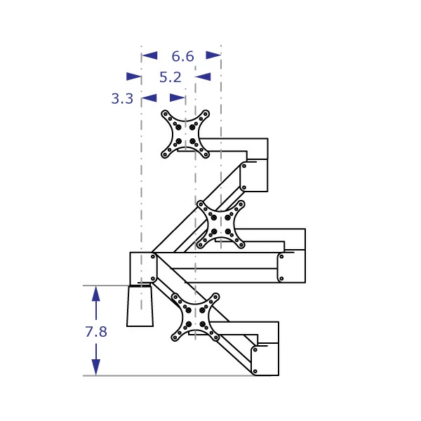 SAA7000 monitor arm specification drawing demonstrating the arm folded in high, mid and low positions with measurements