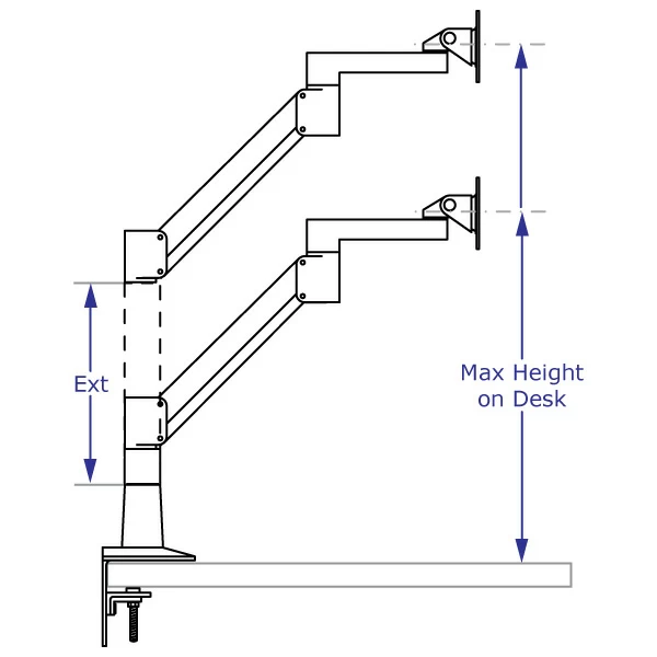 SAA7000 monitor arm specification drawing with arm desk-mounted shown with and without an extension in highest position