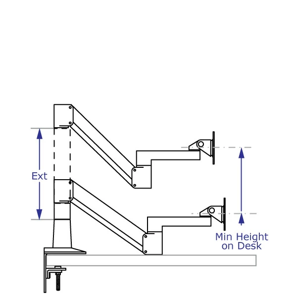 SAA7000 monitor arm specification drawing with arm desk-mounted shown with and without an extension in lowest position