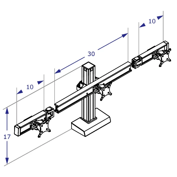 CONNECT-3 Specification drawing shows standard three beams and three tilter mechanisms monitor stand perspective view