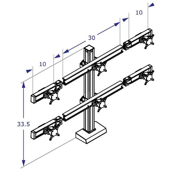CONNECT-33 Specification drawing shows standard three beams and three tilter mechanisms monitor stand perspective view