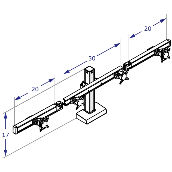 CONNECT-4 Specification drawing shows standard three beams and four tilter mechanisms monitor stand perspective view