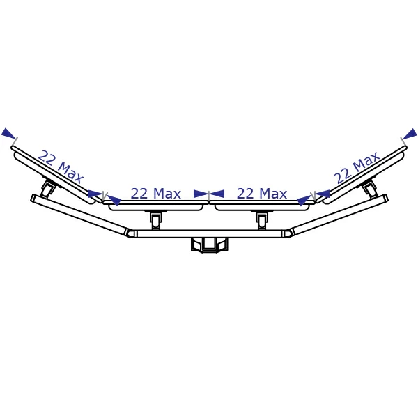 CONNECT-4 Specification drawing shows four monitor stand top view with screen widths when angled maximally inward