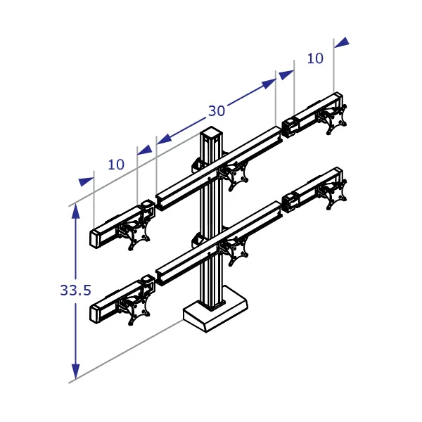 CONNECT Specification drawing shows triple monitor stand with dual tiers and beam and column measurements