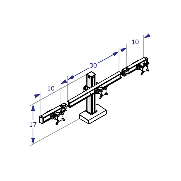 CONNECT Specification drawing shows triple monitor stand with beam measurements