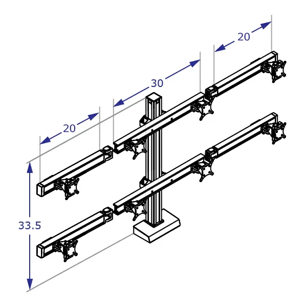 CONNECT Specification drawing shows two tiered version of quad monitor stand with beam and column measurements