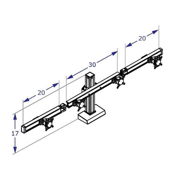 CONNECT Specification drawing shows quad monitor stand with beam measurements