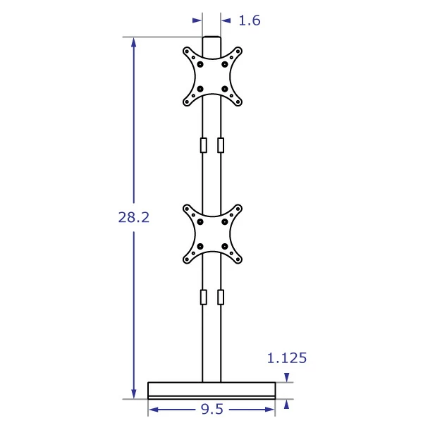 DS9109D dual monitor stand specification drawing front view with measurements