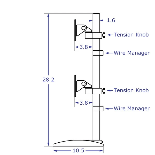 DS9109D dual monitor stand specification drawing side view with measurements