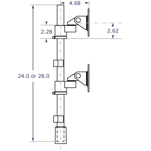 LS413D pole monitor mount specification drawing side view showing monitor tilter head at highest and lowest position with measurements