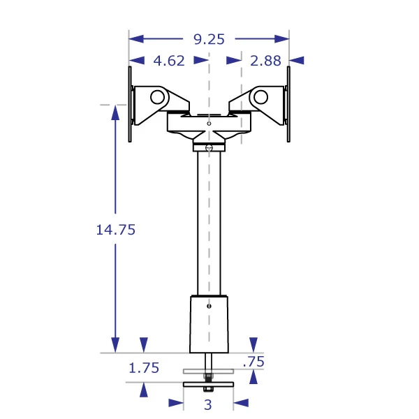 Back to Back Dual Monitor Countertop Mount specification drawing front view with tilter heads placed opposite