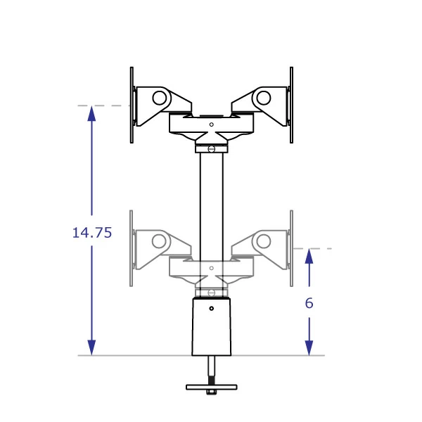 Back to Back Dual Monitor Countertop Mount specification drawing front view showing vertical adjustment