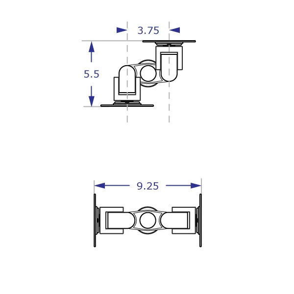 Back to Back Dual Monitor Countertop Mount specification drawing top view with tilter heads placed at widest position with parallel placement