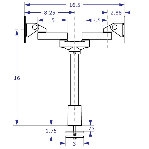 Back to Back Dual Monitor Countertop Mount with extensions specification drawing front view with tilter heads placed opposite