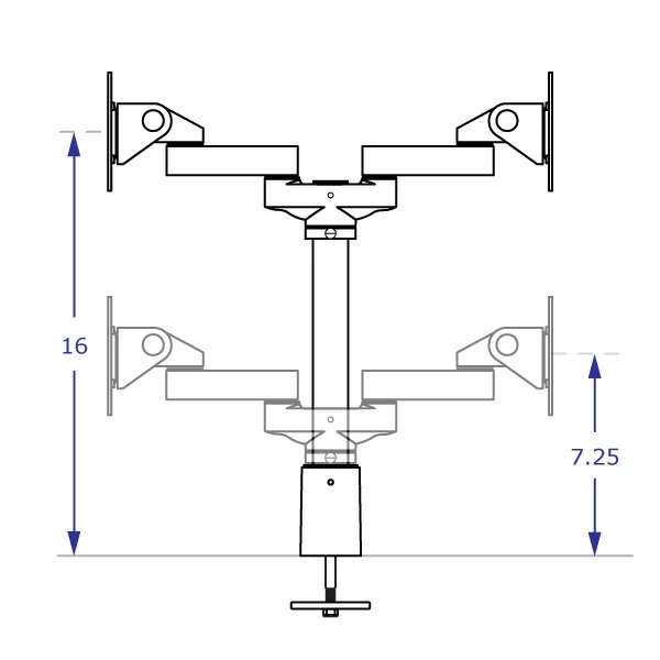 Back to Back Dual Monitor Countertop Mount with extensions specification drawing front view showing vertical adjustment