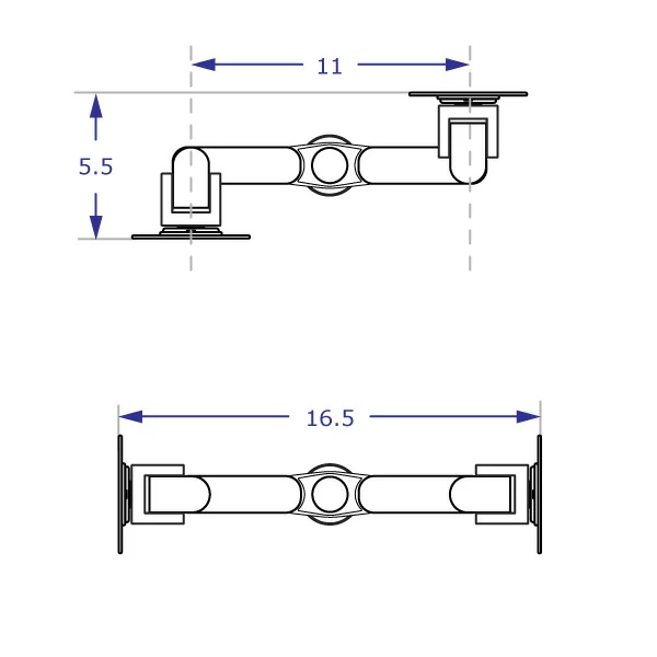 Back to Back Dual Monitor Countertop Mount with extensions specification drawing top view with tilter heads placed at widest position with parallel placement
