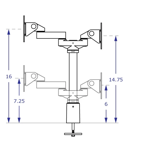 Back to Back Dual Monitor Countertop Mount with one extension specification drawing front view showing vertical adjustment