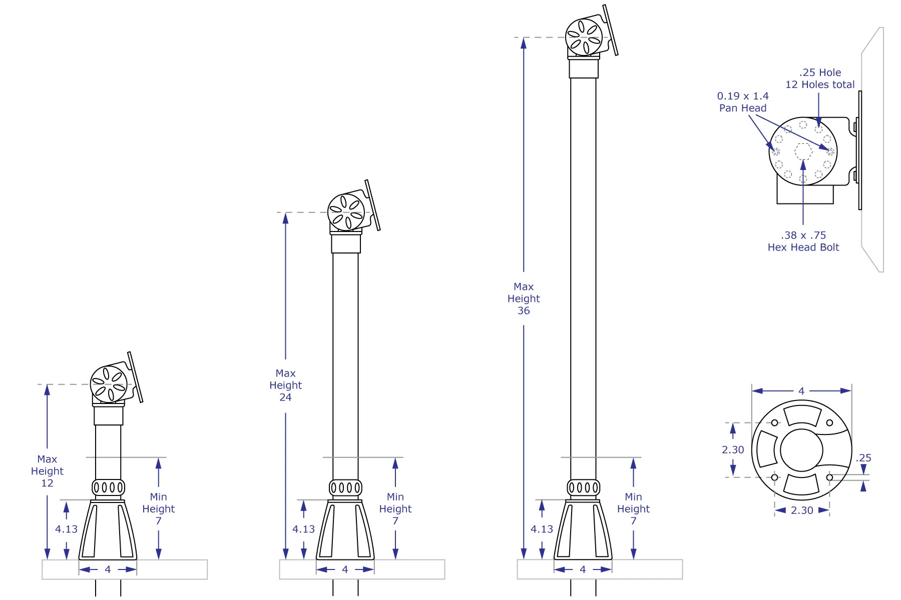 POS5 Specification drawings of three height adjustable through surface mount versions and image of lockable tilt mechanism and bottom base view