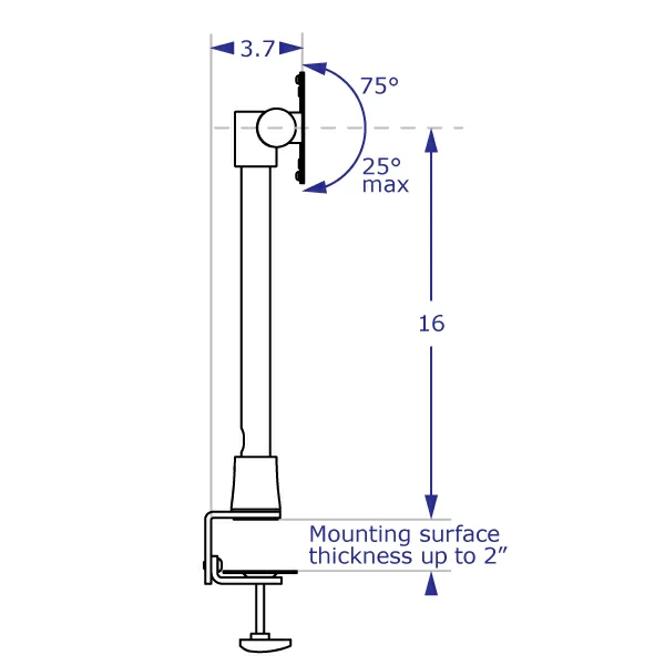 POS6-14-DC Specification drawing for point of sale clamping stand in side view depicting tilter mechanism range and height