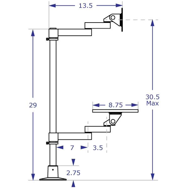 POS9137 Specification drawing for articulating point of sale stand from side view showing VESA mount and platform