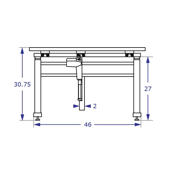 ETT500 Specification drawing of power tilt top height adjustable table from front view