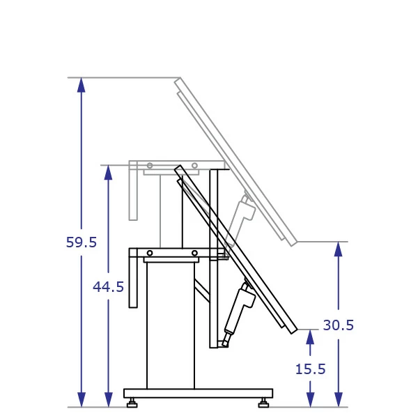 ETT500 Specification drawing of power tilt top height adjustable table from side view with 36 inch deep top tilted in low and high positions