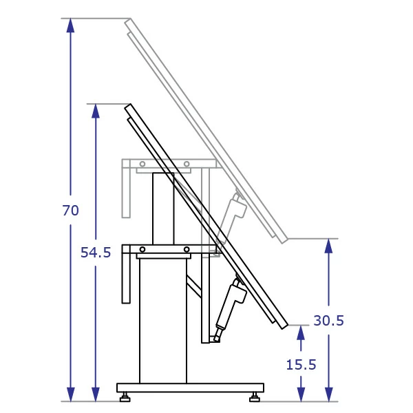 ETT500 Specification drawing of power tilt top height adjustable table from side view with 48 inch deep top tilted in low and high positions