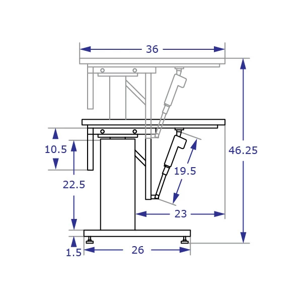 ETT500 Specification drawing of power tilt top height adjustable table from side view with top in low and high positions