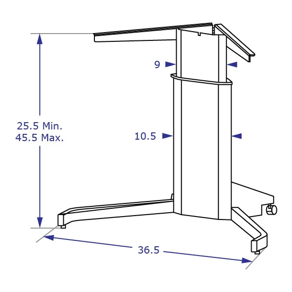 STS125 Specification drawing of single electric lift column table from a perspective view