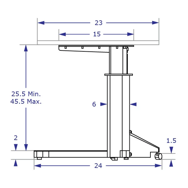 STS125 Specification drawing of single electric lift column table from side view illustrating dimensions and travel