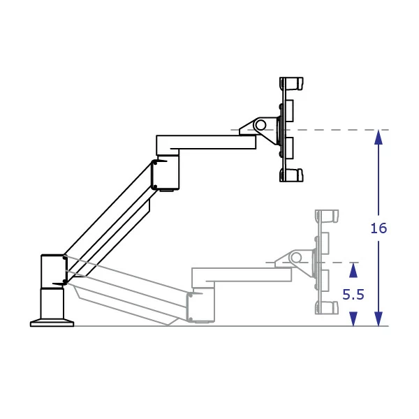 ILX2-7X5KIT Specification drawing of articulating tablet arm from side view depicting vertical travel