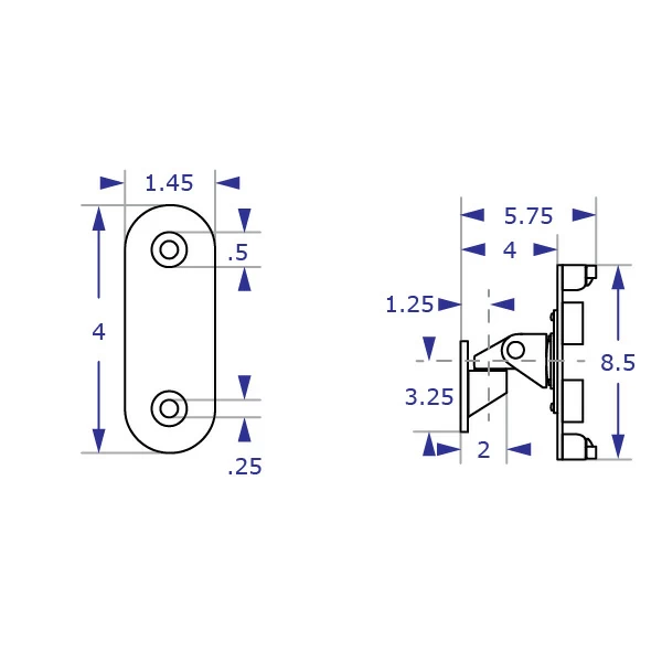 ILX2-9110S Specification drawing of articulating wall tablet mount from back and side views depicting various dimensions