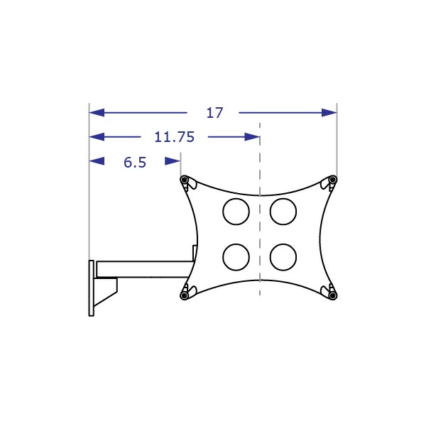 ILX2-9110S Specification drawing of articulating wall tablet mount from side view with 3.5 and 7 inch extensions with bracket facing foward
