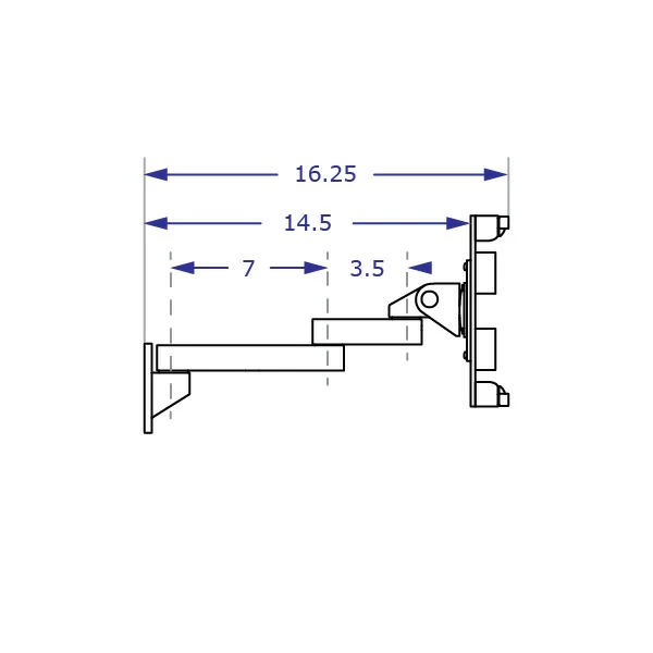 ILX2-9110S Specification drawing of articulating wall tablet mount from top with a 3.5 and 7 inch extension