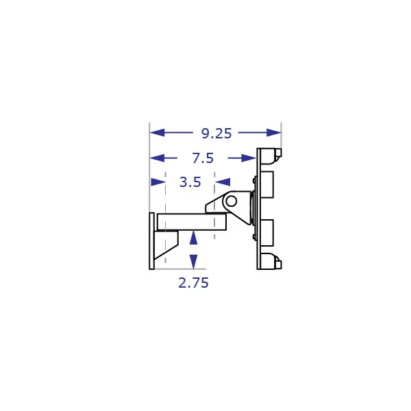 ILX2-9110S Specification drawing of articulating tablet wall mount from side view with one 3.5 inch extension