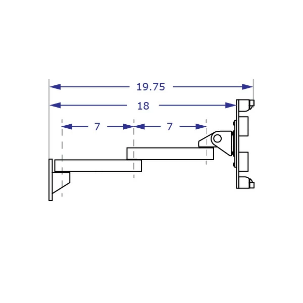 ILX2-9110S Specification drawing of articulating wall tablet mount from top with two 7 inch extensions