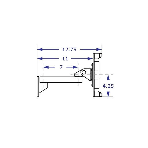 ILX2-9110S Specification drawing of articulating tablet wall mount from side view with one 7 inch extension