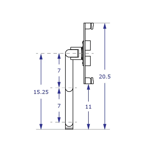 ILX2-9110S Specification drawing of articulating tablet mount from top view with two 7 inch extensions and bracket perpendicular to wall