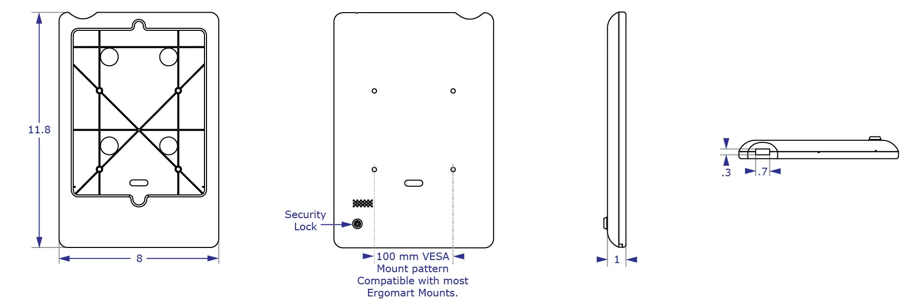 IPA3 Specification drawings of VESA mountable ipad tablet enclosure from front, back, side and bottom views