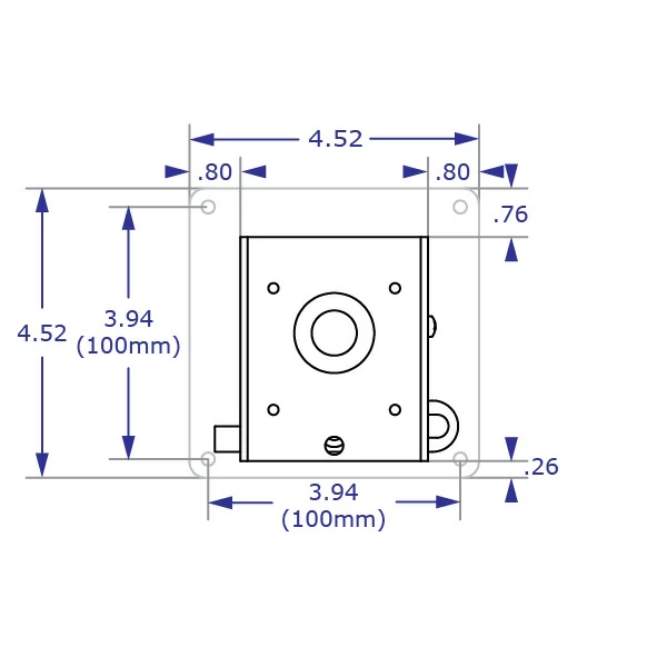 MONOLOK quick-release monitor wall mount with 100mm VESA plate specification drawing front view with measurements