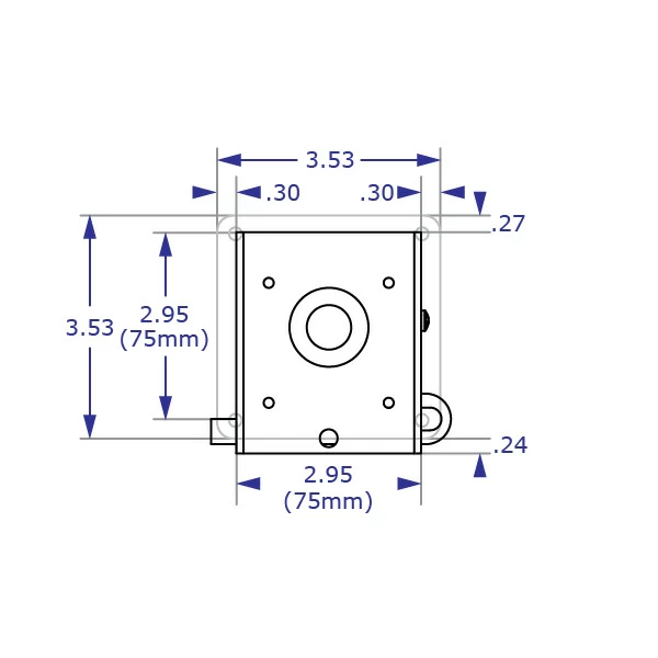 MONOLOK quick-release monitor wall mount with 75mm VESA plate specification drawing front view with measurements