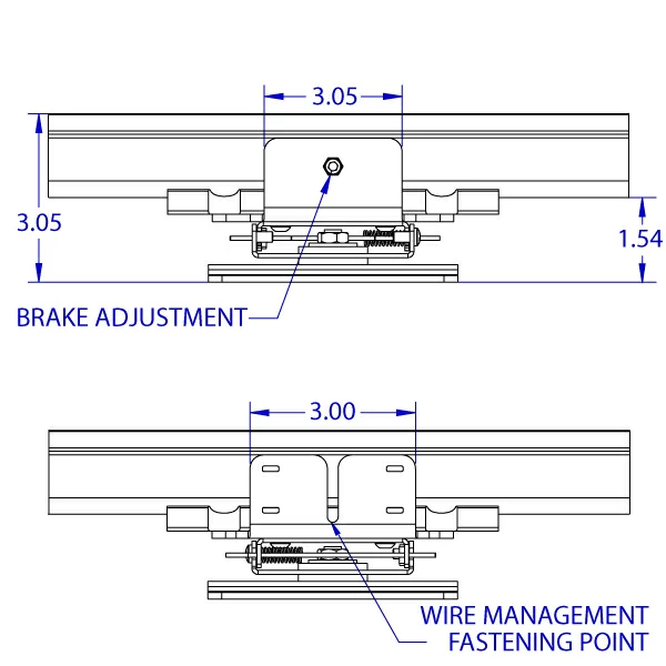 RT-FLUSH-QR 100 x 100 mm rotating roller track positioner monitor mount specification drawing depicting the top and bottom views with the brake adjustment screw and the wire management fastening point.