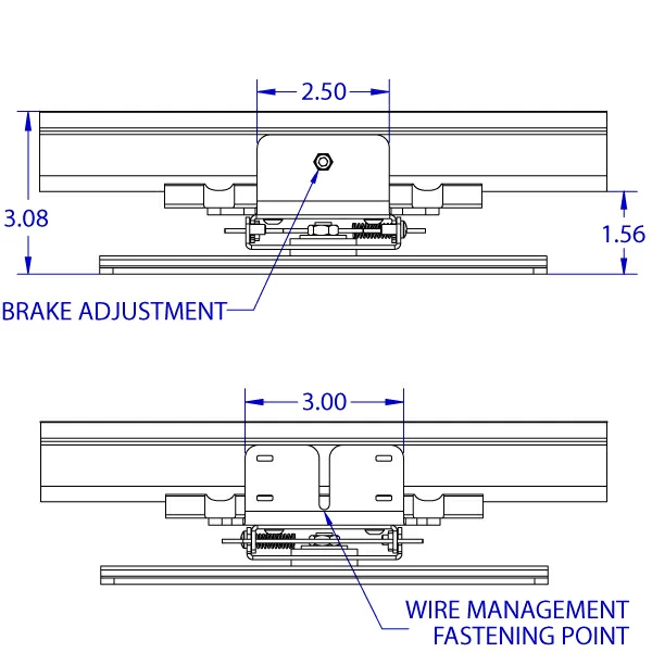 RT-FLUSH-QR 100 x 200 mm compact roller track positioner monitor mount specification drawing depicting the top and bottom views with the brake adjustment screw and the wire management fastening point.