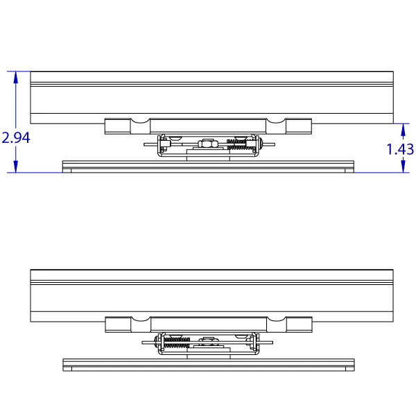 RT-FLUSH-QR 100 x 200 mm quick release roller track positioner monitor mount specification drawing depicting the top and bottom views.