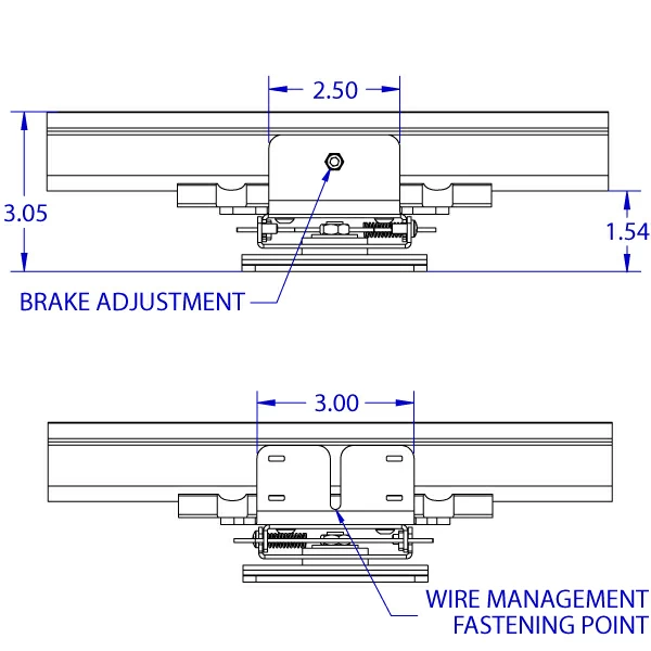 RT-FLUSH-QR 75 x 75 mm low profile roller track positioner monitor mount specification drawing depicting the top and bottom views with the brake adjustment screw and the wire management fastening point.