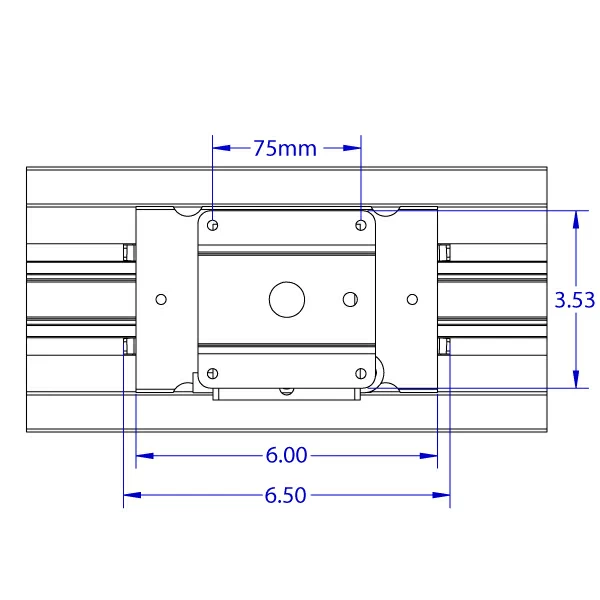 RT-FLUSH-QR quick release roller track positioner monitor mount specification drawing front view.
