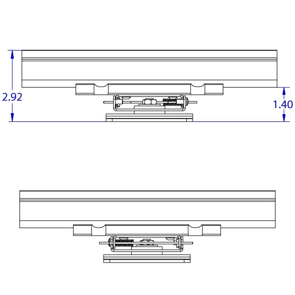 RT-FLUSH-QR 75 x 75 mm quick release roller track positioner monitor mount specification drawing depicting the top and bottom views.