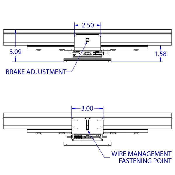 RT-FLUSH-QR 100 x 100 mm low profile roller track trolley monitor mount specification drawing depicting the top and bottom views with the brake adjustment screw and the wire management fastening point.