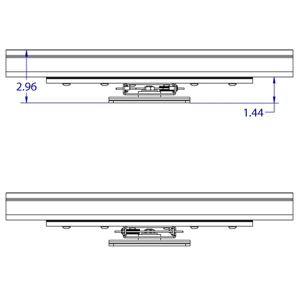 RRT-FLUSH-QR 100 x 100 mm quick release roller track trolley monitor mount specification drawing depicting the top and bottom views.