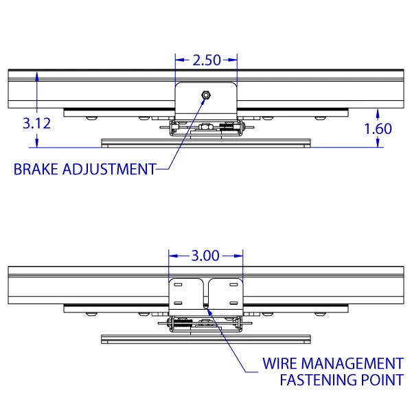 RT-FLUSH-QR 100 x 200 mm rotating roller track trolley monitor mount specification drawing depicting the top and bottom views with the brake adjustment screw and the wire management fastening point.